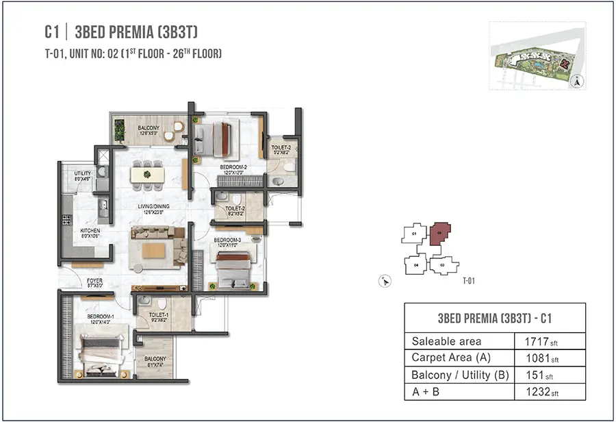 Prestige Garden Breeze 3 BED Premia floor plan at The Prestige City, Sarjapur