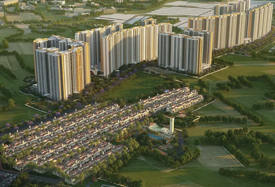 Aerial view of Prestige Garden Breeze towers and landscape at The Prestige City, Sarjapur